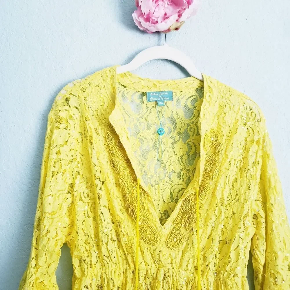 Antica Sartoria by Giacomo Cinque Yellow Lace Beaded Pom Pom Mini Dress
